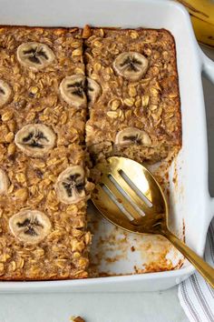 a banana nut baked oatmeal in a baking dish with a fork