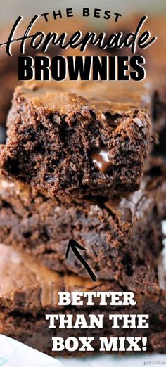 brownies stacked on top of each other with the words better than the box mix