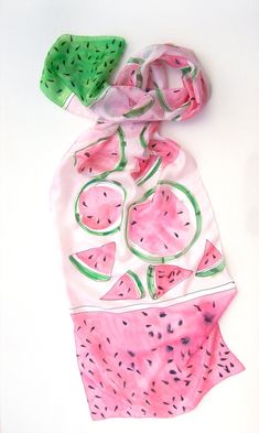 Hand painted silk scarf-Watermelon Juice. Candy scarf in pink and green/ Summer scarves/ Fruits silk scarf painted/ Birthday gifts for her/ Art to wear/ Summer fashion scarves/ Long, luxury scarf with watermelons pattern painted in serti technique. RESTOCKED MADE to order listing Please, note! The scarf from this photo was sold, i will make a replica on it July's Birthdays gift ideas measurements are 17 by 70 inches, This pink and green scarf painted on pure silk pongee 5 A silk scarf will give Handmade Silk Scarf Summer Gift, Silk Scarves As Summer Gifts, Silk Scarves For Summer Gifts, Handmade Silk Scarf As Summer Gift, Handmade Pink Silk Scarf, Pink Hand Painted Silk Scarves, Artistic Silk Scarf For Summer, Artistic Summer Scarves For Gifts, Artistic Summer Scarves As Gifts