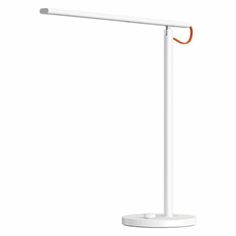 a white desk lamp with an orange cord on it's arm and two lights attached to the base