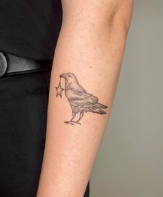 a small bird tattoo on the right forearm and arm, with a star in it's beak