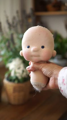 a person holding a small doll in their left hand and potted plants behind them