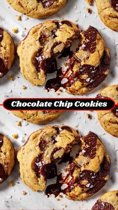 chocolate chip cookies are arranged in rows on a white surface with the words, chocolate chip cookies