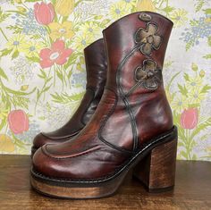 Vintage Brown Platform Boots, Brown Leather Platform Boots, Vintage Platform Boots, Brown Boots Aesthetic, Chunky Brown Boots, Punk Motorcycle, Ankle Boots Platform, Boots Mid Calf, Pretty Heels