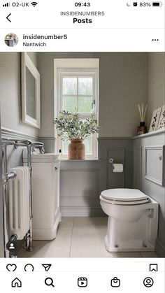 a white toilet sitting in a bathroom next to a sink and window with potted plants