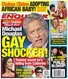 the front page of news paper with an image of bill clinton and his wife, michael douglas