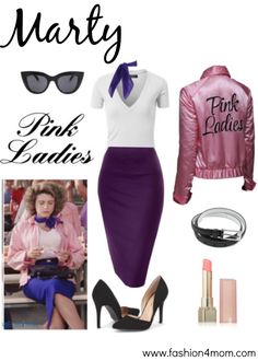 the pink ladies outfit is shown with high heels, sunglasses, and lipstick on display