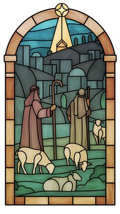 stained glass window depicting the birth of jesus with sheep and shepherd in front of him