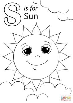 the letter s is for sun coloring page with an image of a smiling sun and clouds