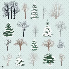 Flat Vector Winter Trees PNG - Toffu Co How To Draw Snowy Trees, Snow Tree Drawing, Tree With Snow Drawing, Winter Tree Illustration, Winter Trees Drawing, Blue Art Ideas, Winter Tree Drawing, Window Art Christmas, Red And Blue Art