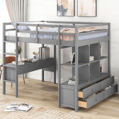 a bunk bed with drawers underneath it