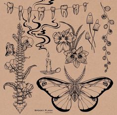 a drawing of flowers and butterflies on a piece of brown paper with the words spooky plasm above it