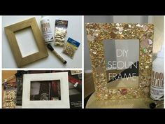 four different pictures with gold glitter and white frames on top of each other, including an empty