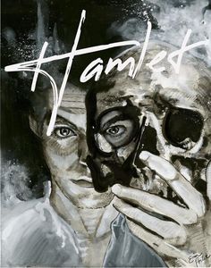 a painting of a man holding a cell phone to his face with the words hamlet written on it