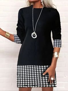 Shop Affordable Women Casual Dress On Justfashionnow.com.  Style This Versatile  Houndstooth Mini Dress With Your Favorite Necklace For A Perfect Look.  Ideal For  Daily Event, Dress This H-Line Dress With A Pair Of Matching Shoes and A Bag For Your Upcoming Plan. Elegant Mini Dress With Houndstooth Pattern For Winter, Black Houndstooth Mini Dress, Black Houndstooth Dress For Work, Black Houndstooth Mini Dress For Winter, Black Mini Dress With Houndstooth Pattern For Work, Mini Long Sleeve Dress, Dress Name, Houndstooth Dress, Clothing Catalog