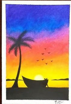 a painting of a boat on the beach at sunset