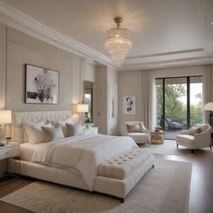 a large white bed sitting in a bedroom next to two chairs and a chandelier