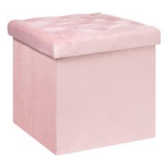 a pink storage ottoman with buttons on the top and bottom, sitting against a white background