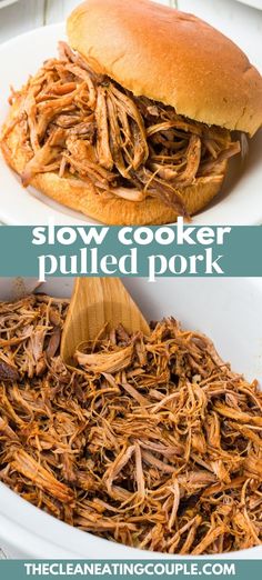 slow cooker pulled pork in a white bowl with a wooden spoon on the side