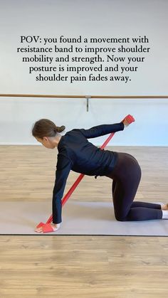 a woman is doing an exercise on a yoga mat with a resistance band in front of her