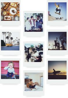 multiple polaroid photographs of people and their dog on the beach, with one person riding a skateboard