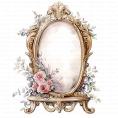 an ornate gold frame with flowers and leaves around the edges is painted in watercolor