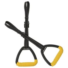 a black and yellow leash with two handles