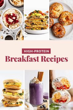 the cover of high protein breakfast recipes with pictures of different types of food and drinks