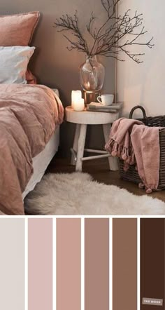 a bedroom with pink and brown tones in the color scheme, along with white fur rugs