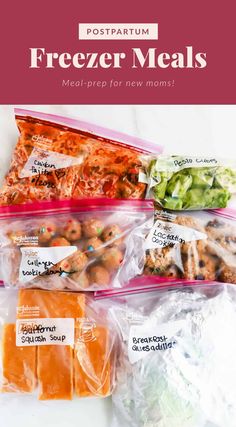 freezer meals are packed in plastic bags with text overlay that reads, postparum freezer meals meal prep for new moms