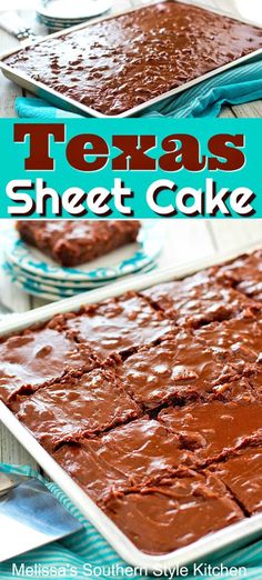 chocolate texas sheet cake with text overlay