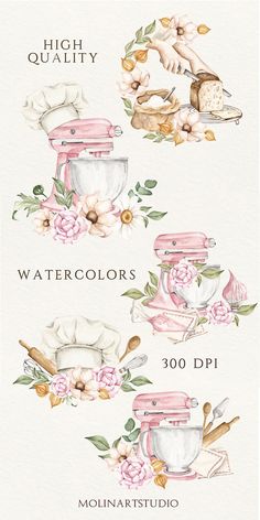 three watercolors with flowers on them and the words high quality