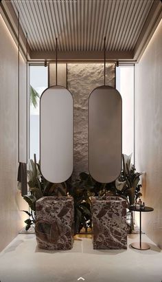 two mirrors sitting next to each other on top of a white counter with plants in it