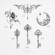 an old fashioned key set is shown in black and white ink, with ornate designs on the keys