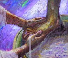 a painting of a person's feet with their hands resting on a tree branch