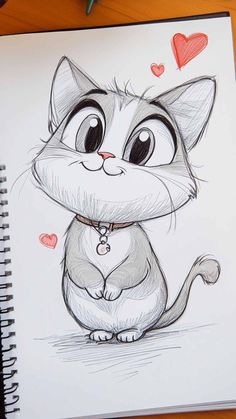 a drawing of a cat with hearts on it's chest and eyes drawn in pencil