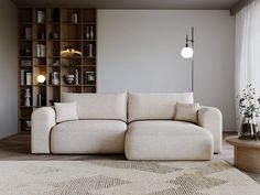 a living room with a white couch and bookshelves