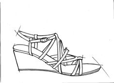 a black and white drawing of a high heeled shoe with laces on the side