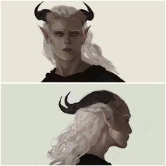 two pictures of a woman with horns on her head and one has long white hair