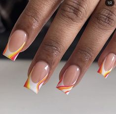 Cute Different French Tip Nails, Summer Acrylic Nails Square French Tip, Shorties Nails Square Summer, Hot Pink And Orange Nails French Tip, French Tip Shorties, Summer Nails Black Women, French Top