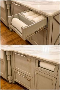 two pictures of the drawers in a kitchen with white marble counter tops and wood flooring