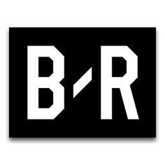 the b - r logo is shown in white on black square stickers, which appear to be made out of paper