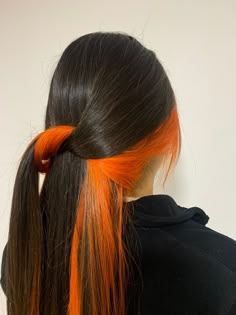 Black Hair Orange Peekaboo, Dark Hair With Orange Money Piece, Black And Neon Orange Hair, Dark Hair With Orange Underneath, Burnt Orange Peekaboo Hair, Brown Hair With Orange Peekaboo, Orange Underdye Hair