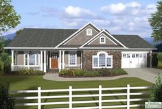 this is an artist's rendering of the front elevation of these ranch house plans