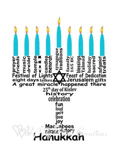 a hanukkah menorah with candles and the names of different jewish holidays