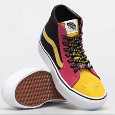 New Without Box Size Women’s 7 Men’s 5.5 Canvas And Suede Upper High Tops Multicolor **2 Yellow High-top Sneakers With Rubber Waffle Outsoles For Streetwear, Multicolor Gum Sole Skate Shoes For Streetwear, Multicolor Skate Shoes With Rubber Waffle Outsoles For Streetwear, Multicolor Skate Shoes With Rubber Sole For Streetwear, Multicolor Rubber-sole Skate Shoes For Streetwear, Multicolor High-top Custom Sneakers For Skateboarding, High-top Multicolor Custom Sneakers For Skateboarding, Multicolor Mid-top Skate Shoes For Streetwear, Urban Multicolor Skate Shoes For Skateboarding