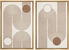 two brown and white paintings with circles on them