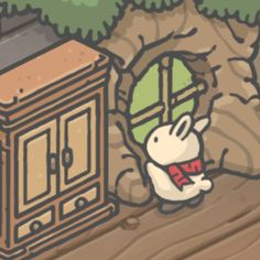 an animated image of a door to a cave with a rabbit looking at it from the ground