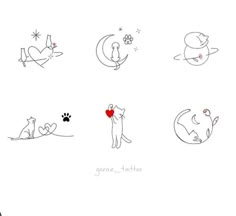 six different types of cats and dogs with hearts on their paws, all drawn in one line