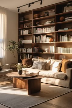 a living room filled with furniture and bookshelves next to a window covered in sunlight